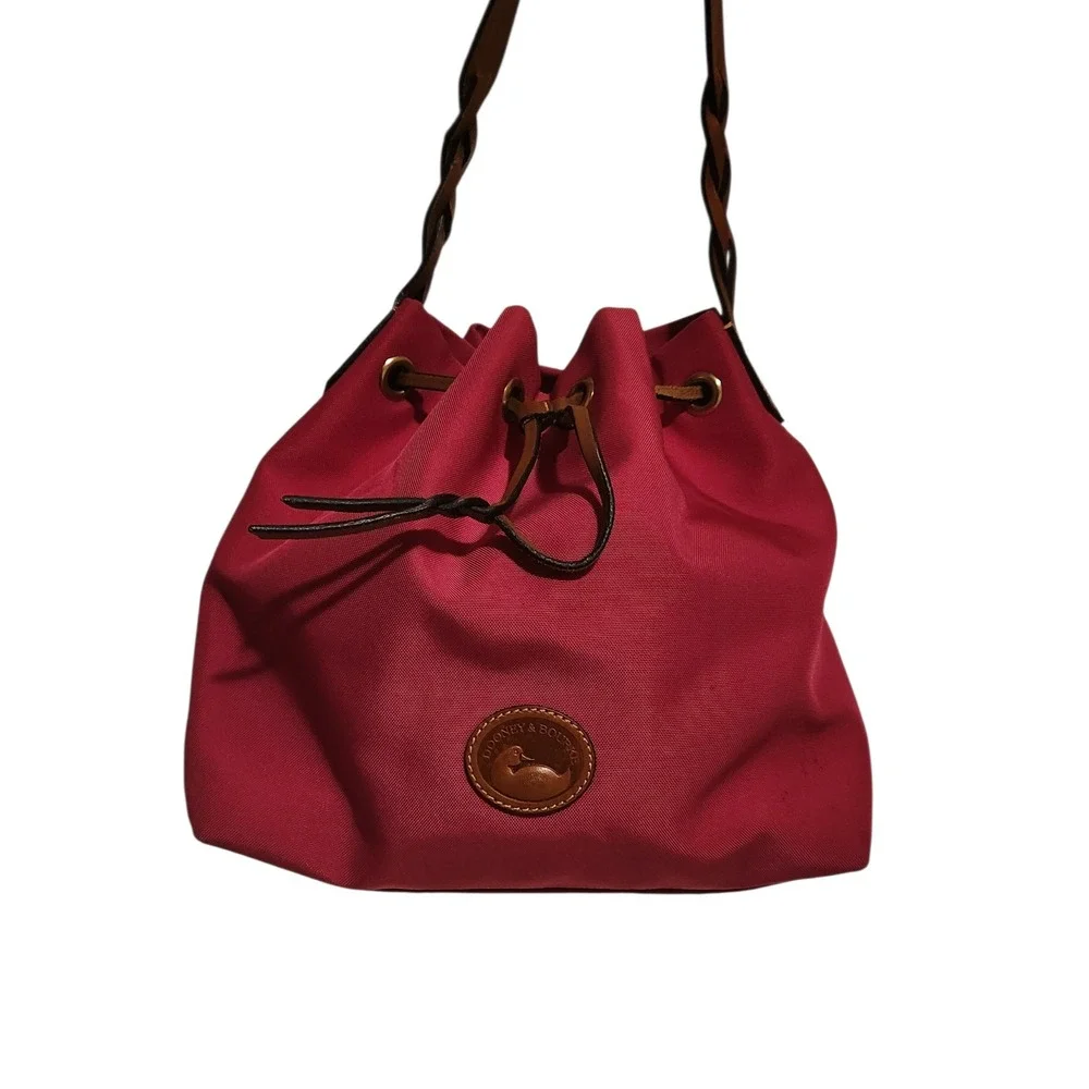 Dooney Bourke Drawstring Bucket Bag Pink Nylon Leather‎ Trim Braided Strap